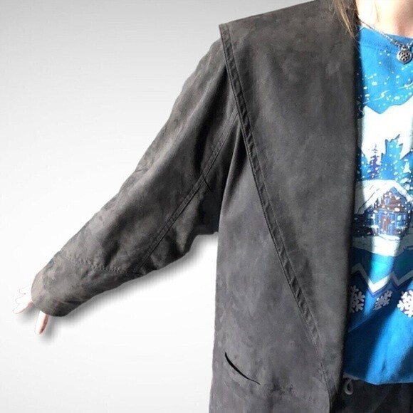 80s Vintage Faux Suede Cocoon Coat 1 Button Oversized Shawl Collar Slate Gray - Picture 3 of 12